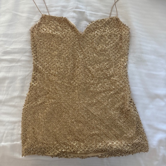 Mischa Embellished Sweetheart-Neck Mini Dress in Gold - Picture 1 of 5